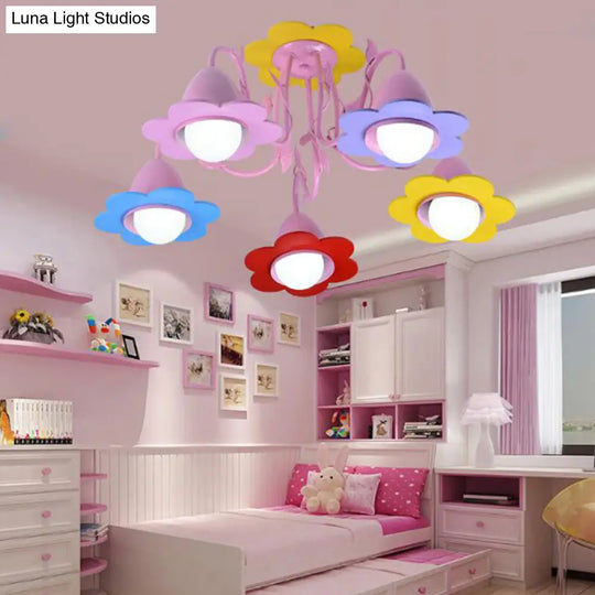 Metal Multi-Colored Pendant Light - Lovely Flower Chandelier For Kindergarten Five Lights