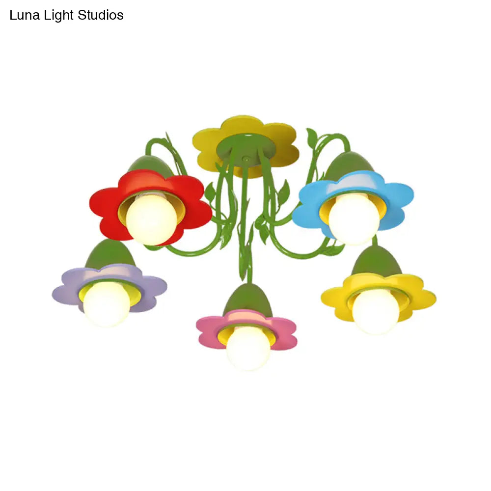 Metal Multi-Colored Pendant Light - Lovely Flower Chandelier For Kindergarten Five Lights