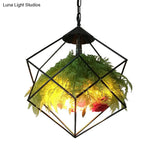 Metal Pendant Lamp Antique Black Geometric Design With Plant Decoration - 18’/21.5’ Wide Led