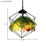 Metal Pendant Lamp Antique Black Geometric Design With Plant Decoration - 18’/21.5’ Wide Led