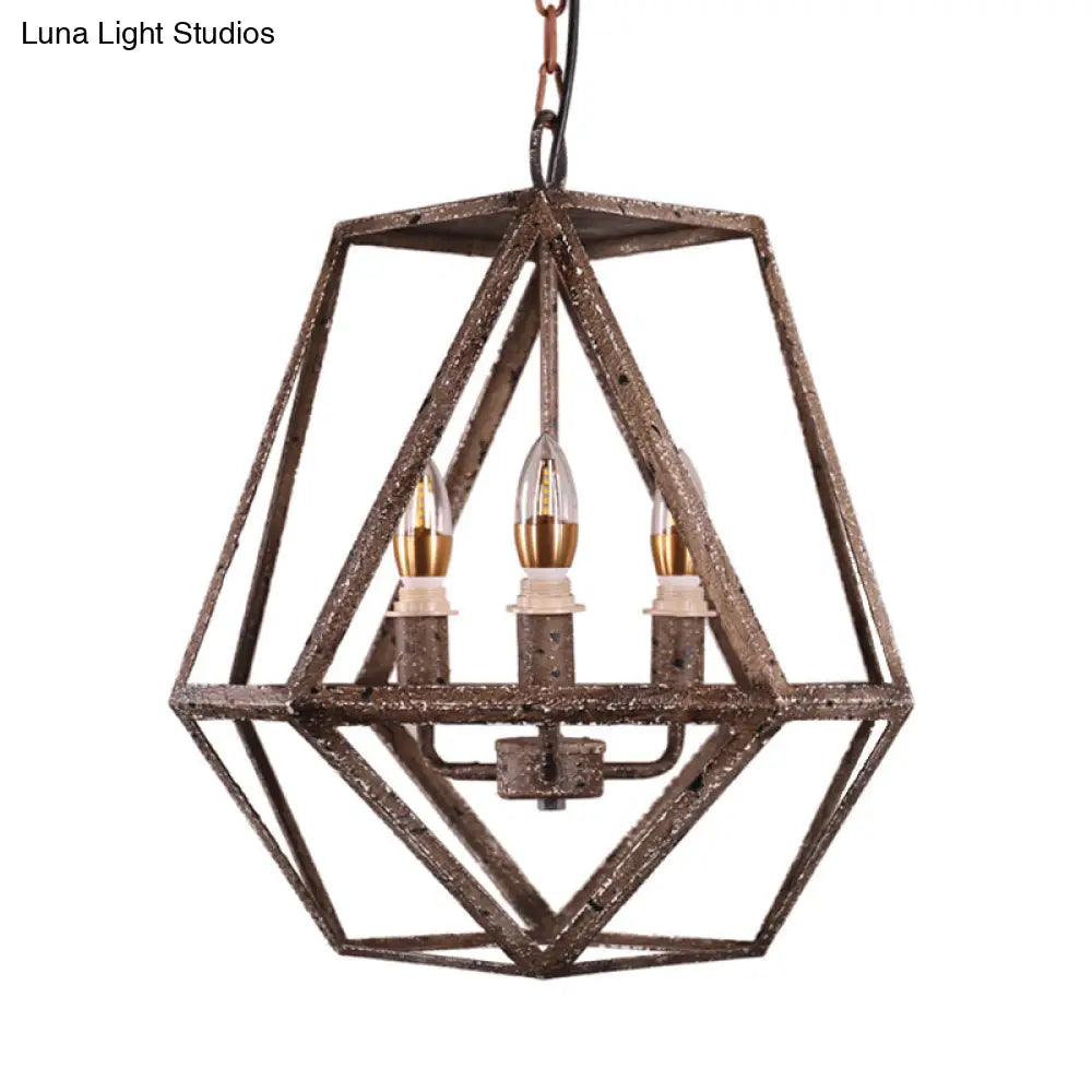 Metal Prismatic Cage Pendant Lamp: Rustic Stylish 3-Heads Chandelier Light Fixture With Adjustable