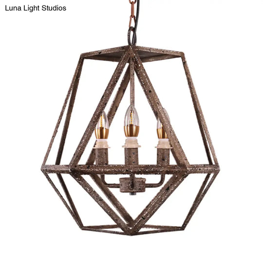 Metal Prismatic Cage Pendant Lamp: Rustic Stylish 3-Heads Chandelier Light Fixture With Adjustable