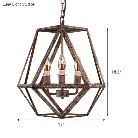 Rustic Metal Prismatic Cage Pendant Lamp - 3 Heads Chandelier Light With Adjustable Chain
