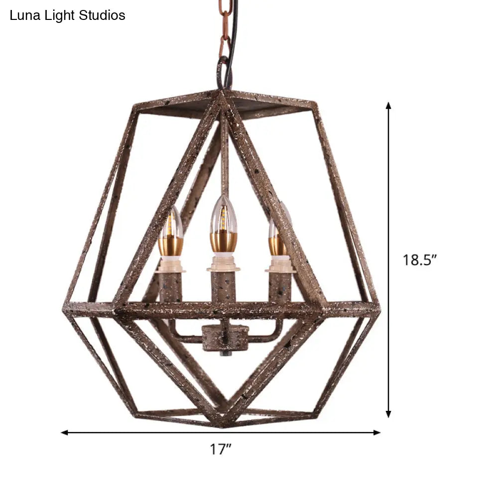 Metal Prismatic Cage Pendant Lamp: Rustic Stylish 3-Heads Chandelier Light Fixture With Adjustable