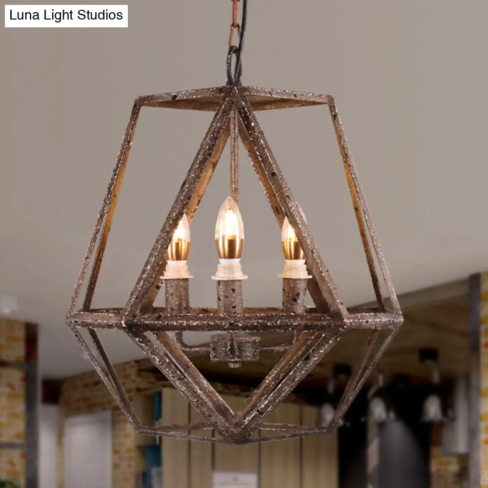 Metal Prismatic Cage Pendant Lamp: Rustic Stylish 3-Heads Chandelier Light Fixture With Adjustable