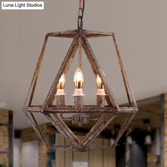 Metal Prismatic Cage Pendant Lamp: Rustic Stylish 3-Heads Chandelier Light Fixture With Adjustable
