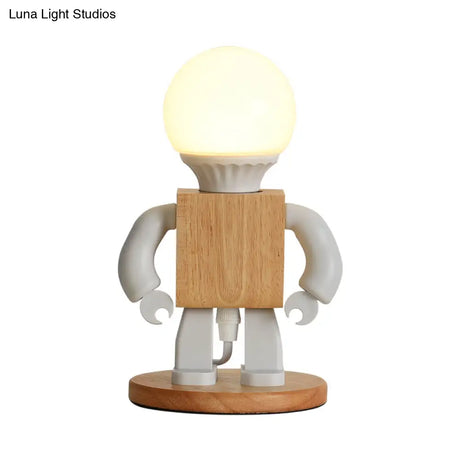 Metal Robot Shaped Nightstand Lamp - Cartoon Design 1 Light White & Wood Bedside Table