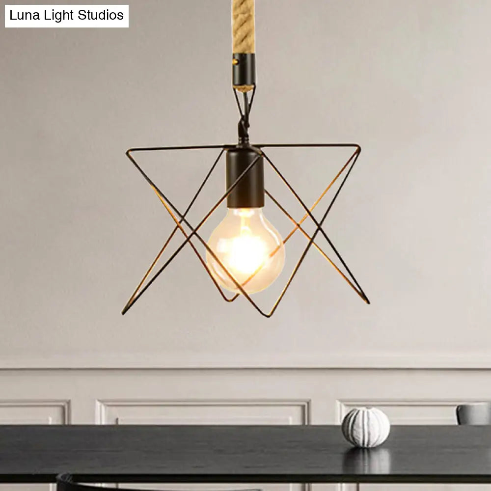 Metal & Rope Hanging Farmhouse Pendant Lamp - Black Globe/Cylinder/Barrel Cage Dining Room Lighting