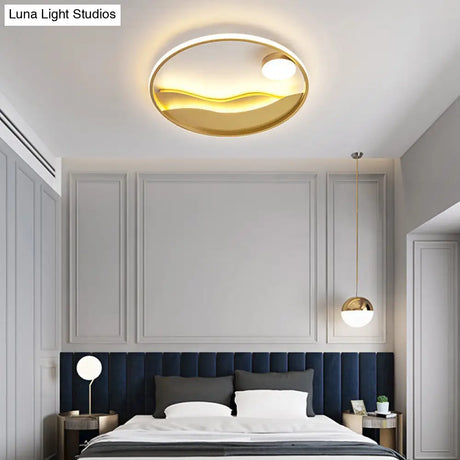 Metal Sunset & Sea Led Ceiling Light With Halo Ring For Bedroom Flush Mounting