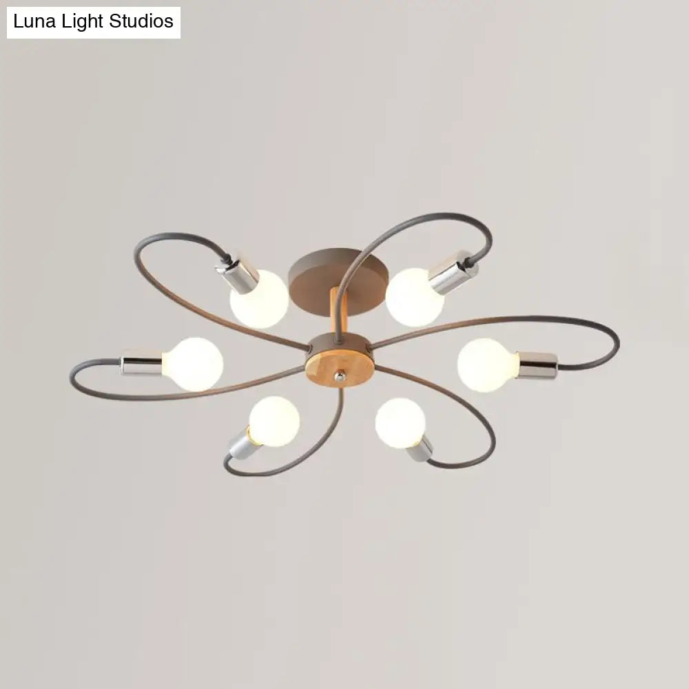 Metal Swirl Industrial Semi Flush Mount Lighting In Grey/Green - 3/6 Lights For Living Room Ceiling
