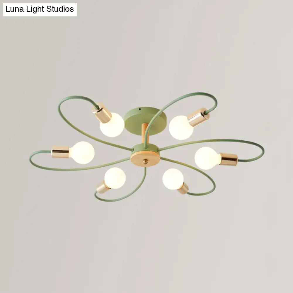 Metal Swirl Industrial Semi Flush Mount Lighting In Grey/Green - 3/6 Lights For Living Room Ceiling