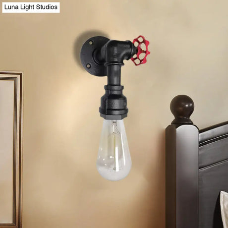Metal Wall Lighting - Industrial Black/Antique Brass Water Pipe Sconce Light For Bedroom With Valve
