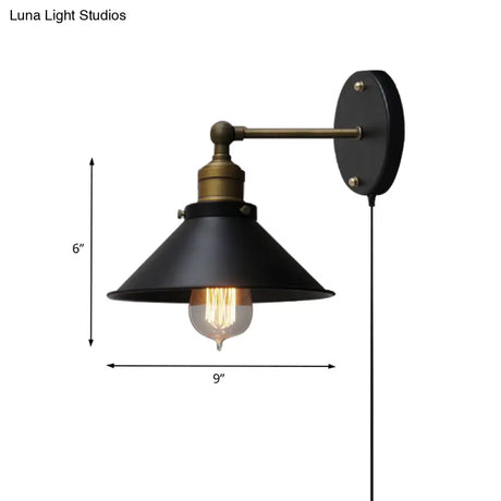 Metal Wall Mounted Vintage Style Black Finish Conical Sconce Lighting