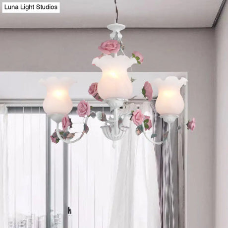 Metal White Chandelier With Curvy Arms - Pastoral Rose Down Lighting For Bedroom (3/5/6 Bulbs)