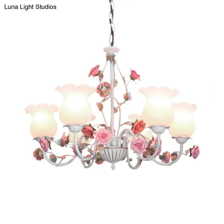 Metal White Chandelier With Curvy Arms - Pastoral Rose Down Lighting For Bedroom (3/5/6 Bulbs)