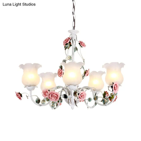 Metal White Chandelier With Curvy Arms - Pastoral Rose Down Lighting For Bedroom (3/5/6 Bulbs)