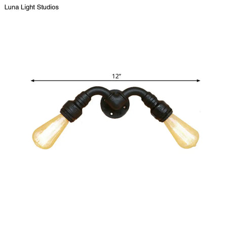 Metallic Black Vintage Bare Bulb Wall Sconce With Pipe Design - 2 Head Indoor Lamp