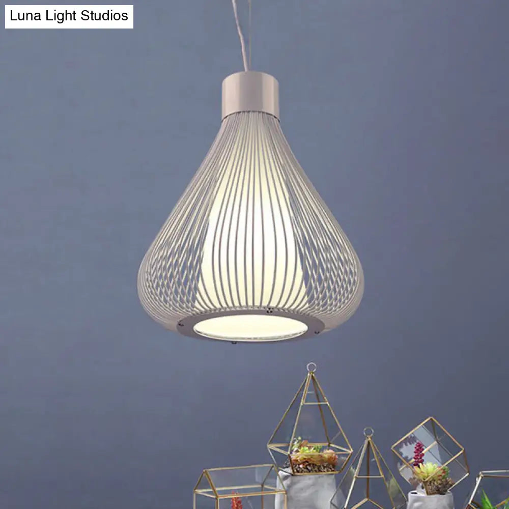 Retro Industrial Pendant Light Fixture - Metallic Black/White Teardrop Cage Shade Single Bulb