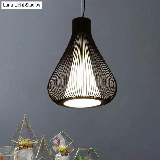 Retro Industrial Pendant Light Fixture - Metallic Black/White Teardrop Cage Shade Single Bulb