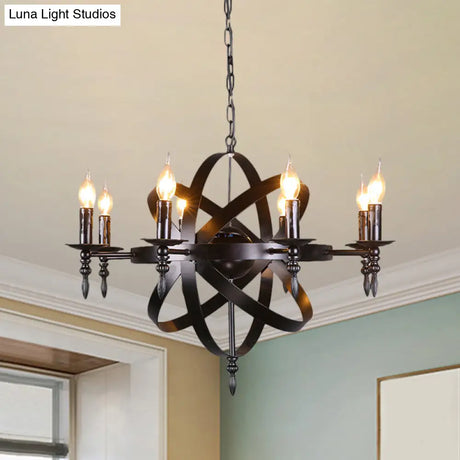Metallic Chandelier With Spherical Cage Shade - Vintage 6/8 Head Ceiling Light For Restaurants In