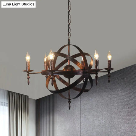 Metallic Chandelier With Spherical Cage Shade - Vintage 6/8 Head Ceiling Light For Restaurants In