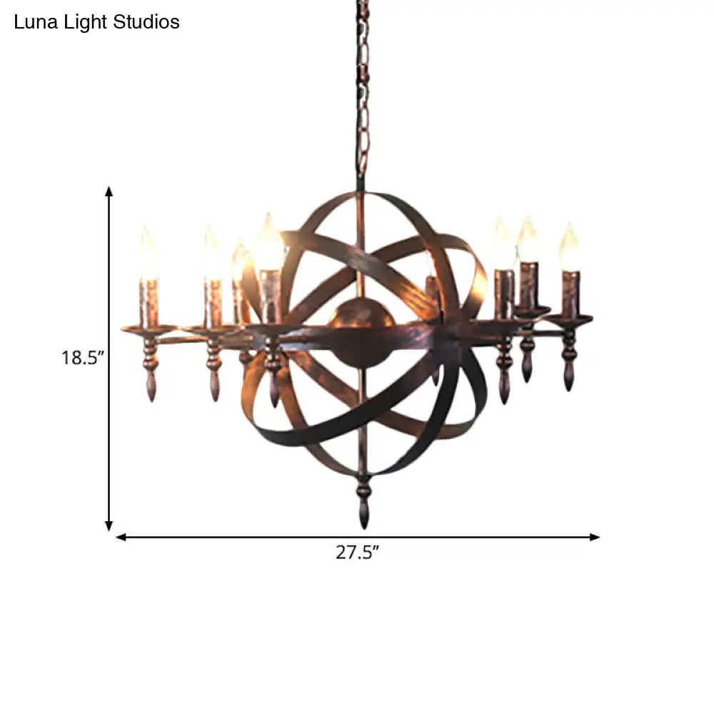 Metallic Chandelier With Spherical Cage Shade - Vintage 6/8 Head Ceiling Light For Restaurants In