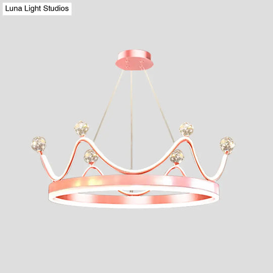 Metallic Crown Led Chandelier With Crystal Bead Décor - Nordic Style Pendant Lighting (Pink/Gold)