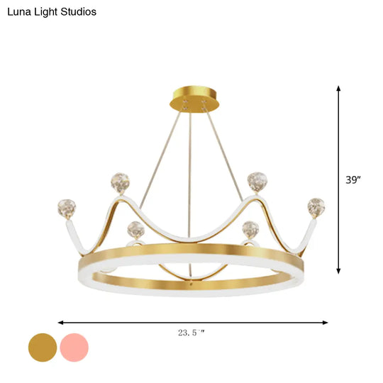 Metallic Crown Led Chandelier With Crystal Bead Décor - Nordic Style Pendant Lighting (Pink/Gold)