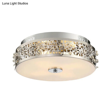 Metallic Drum Flush Lamp With Crystal Accents - 4 - Light Contemporary Ceiling Mount