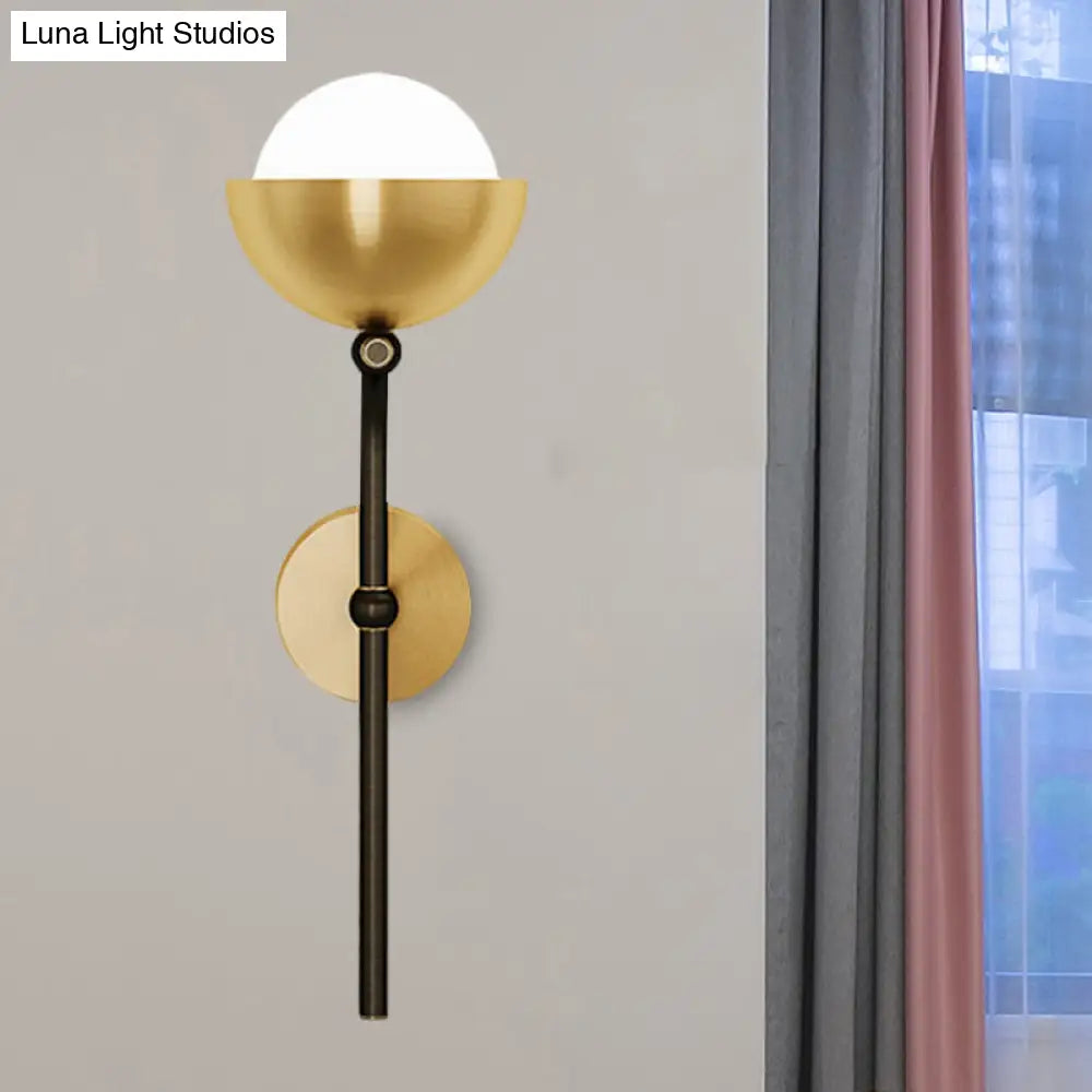Metallic Hemisphere Wall Sconce With Orb White Glass Shade In Brass/Black And Gold - Traditional