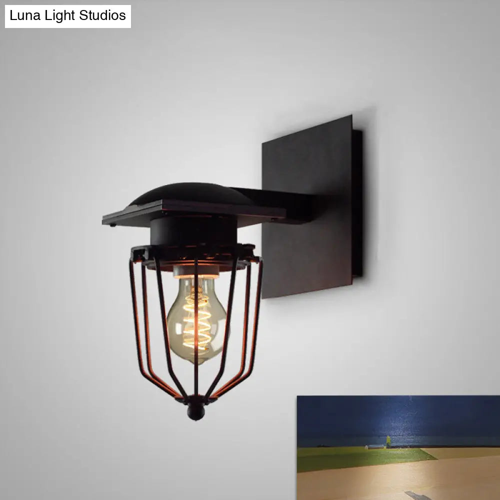 Metallic Industrial Retro Black Wall Mount Sconce Lighting - 1 Bulb With Cage Shade For Corridors