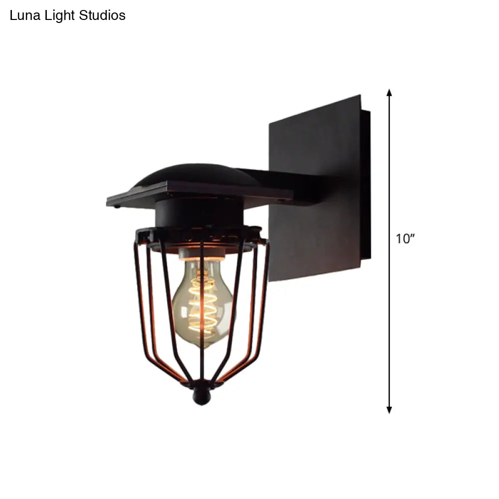 Metallic Industrial Retro Black Wall Mount Sconce Lighting - 1 Bulb With Cage Shade For Corridors