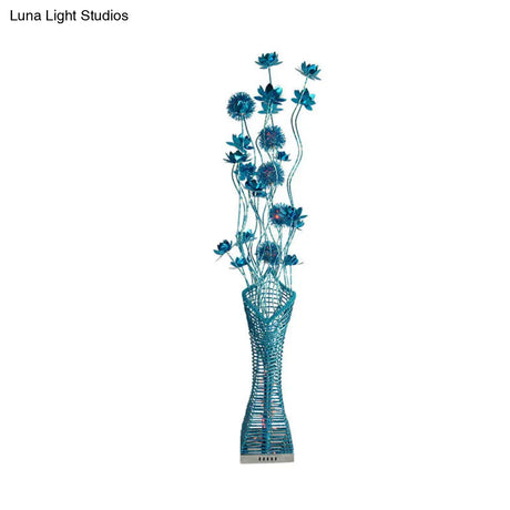 Metallic Led Floor Lamp With Tower-Like Design And Blue Floral Decor