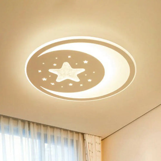 Metallic Led Flush Mount Ceiling Light For Kids Bedroom – Modern White Crescent And Star Design /