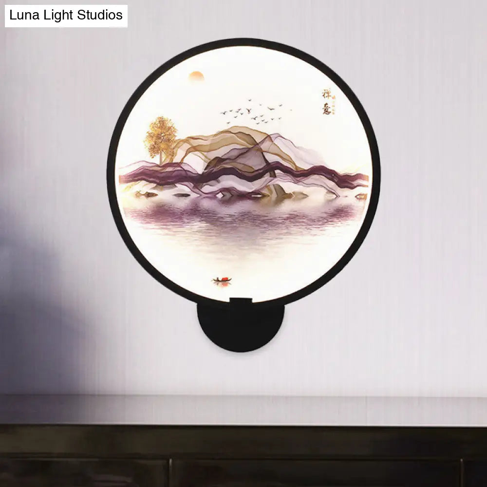 Metallic Led Wall Sconce Light - Brown/Purple Line Art Mural Lighting Asian Style For Bedroom