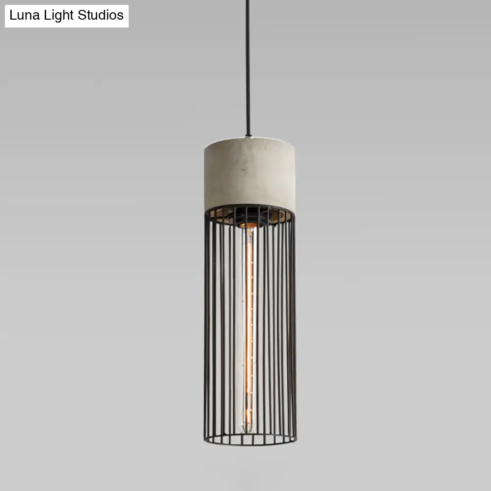 Minimalist Grey Pendant Light With Caged Metallic Suspension And Cement Top - Ideal For Dining Rooms