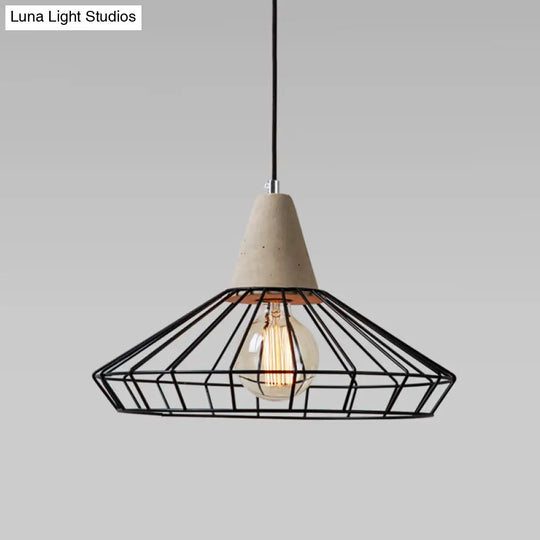 Minimalist Grey Pendant Light With Caged Metallic Suspension And Cement Top - Ideal For Dining Rooms