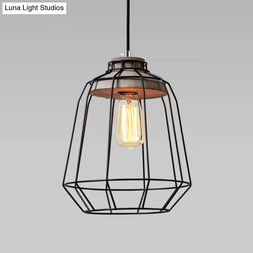 Minimalist Grey Pendant Light With Caged Metallic Suspension And Cement Top - Ideal For Dining Rooms