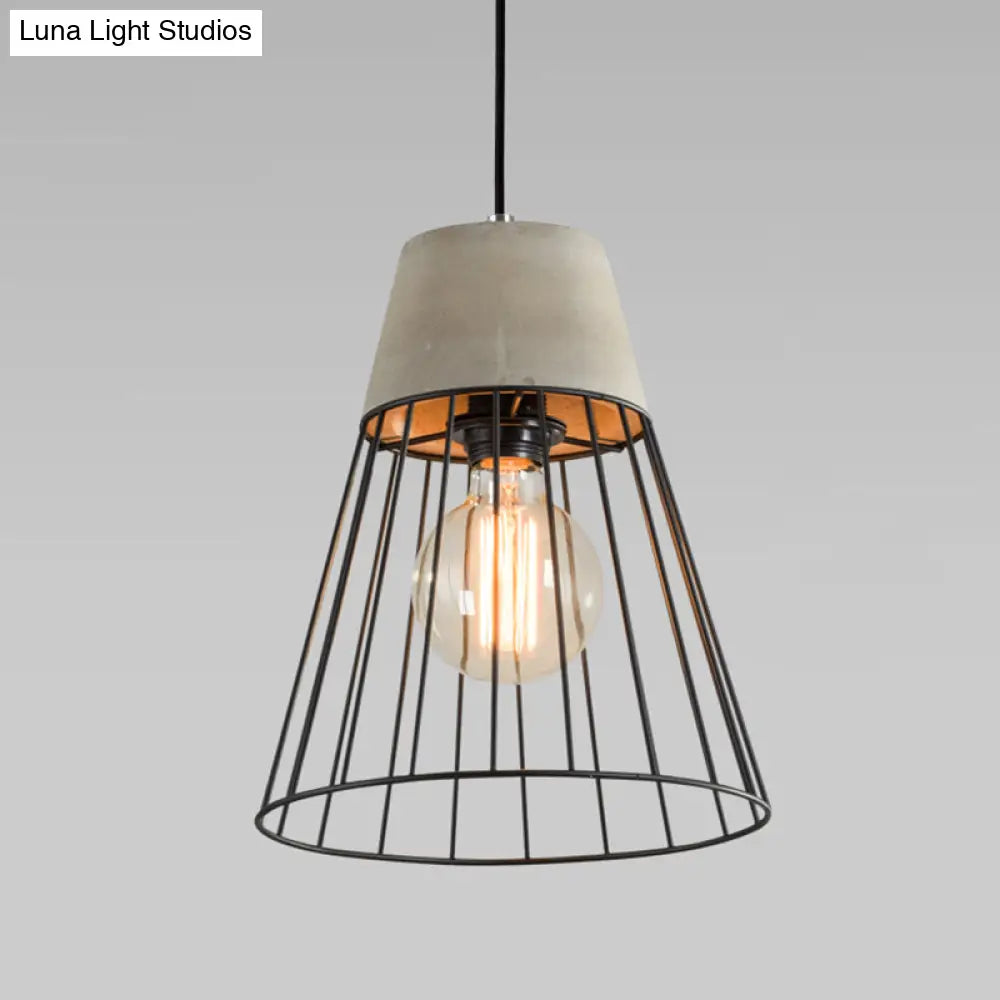 Minimalist Grey Pendant Light With Caged Metallic Suspension And Cement Top - Ideal For Dining Rooms