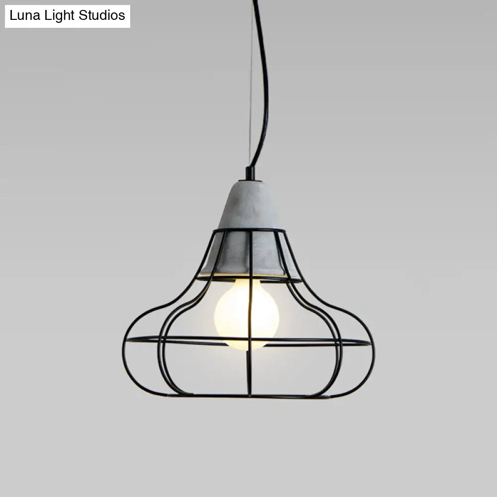 Minimalist Grey Pendant Light With Caged Metallic Suspension And Cement Top - Ideal For Dining Rooms