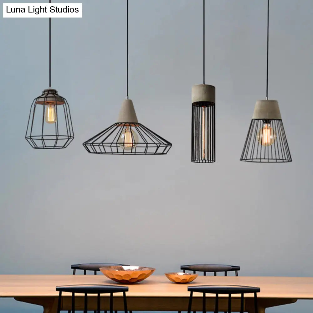 Metallic Minimalist Pendant Light: Caged Dining Room Suspension with Cement Top (Grey)