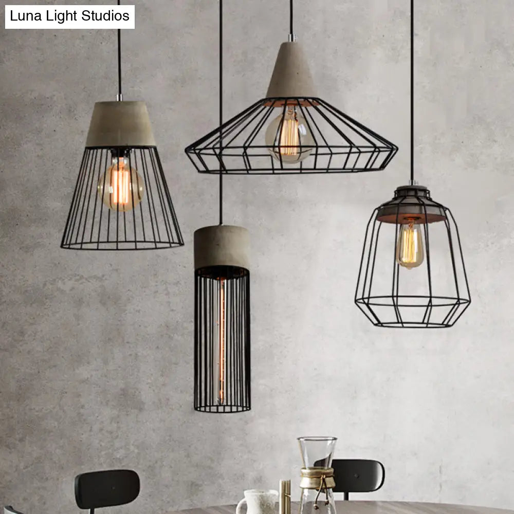Minimalist Grey Pendant Light With Caged Metallic Suspension And Cement Top - Ideal For Dining Rooms