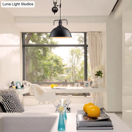 Metallic Pendant Light With Pulley Design - Black Dome Warehouse Style 1 8’/12’ Wide