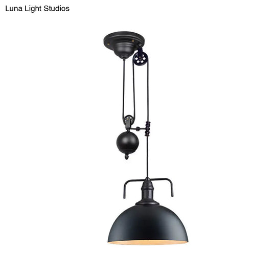 Black Dome Hanging Light - Warehouse Style Metallic Pendant With Pulley Design 8/12 Width