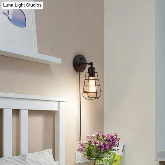 Metallic Plug-In Pendant Light For Restaurants - Warehouse Caged Wall Lighting Fixture (1/2 Bulbs)