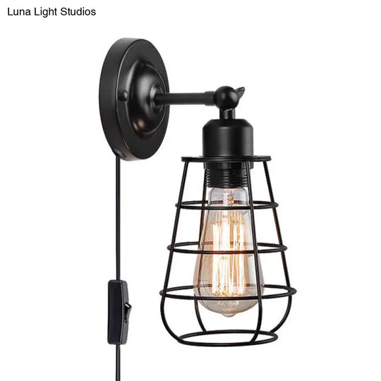 Metallic Plug-In Pendant Light For Restaurants - Warehouse Caged Wall Lighting Fixture (1/2 Bulbs)
