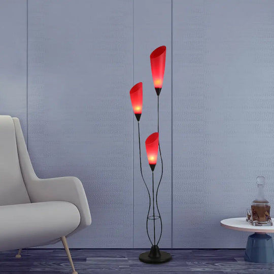 Metallic Red Torchiere Floor Reading Lamp With 3 Adjustable Heads - Perfect For Living Rooms