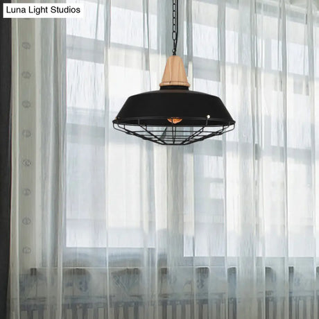 Metallic Retro Style Ceiling Hanging Pendant Light With Barn And Wire Guard 1 Head Black 3 Sizes