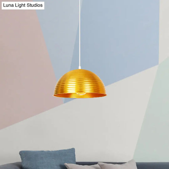 Metallic Ribbed Dome Pendant Light - Yellow/Green For Restaurants
