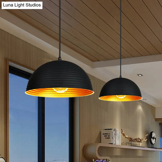Industrial Ribbed Dome Pendant 1-Light Ceiling Fixture In Yellow/Green Perfect For Restaurants